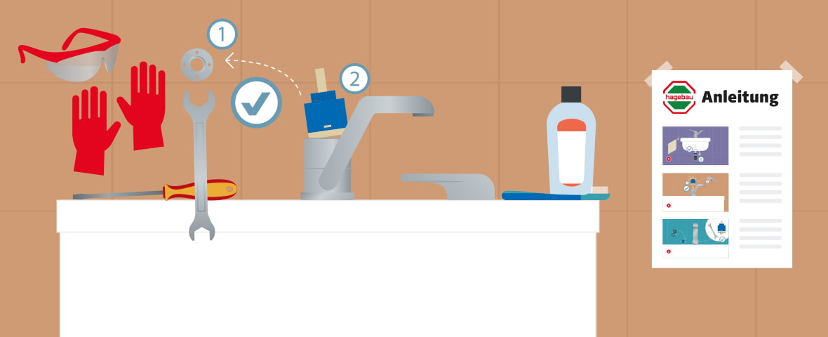 Eine schematische Darstellung zeigt die Vorbereitung zur Reparatur eines Wasserhahns mit Sicherheitsbrille, Schutzhandschuhen und Werkzeugen wie Schraubendreher und Maulschlüssel. Im Vordergrund wird die Kartusche des Wasserhahns als Ersatzteil hervorgehoben. Rechts hängt eine bebilderte Anleitung an der Wand