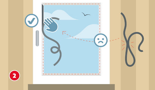 Eine schematische Darstellung zeigt das Anbringen eines Klettbands entlang des Fensterrahmens. Links wird das Band gleichmäßig und ohne Spannung aufgebracht, was mit einem Häkchensymbol markiert ist. Rechts ist ein verdrilltes Klettband mit einem traurigen Gesicht als Negativbeispiel dargestellt. Unten links ist ein roter Kreis mit einer weißen 2