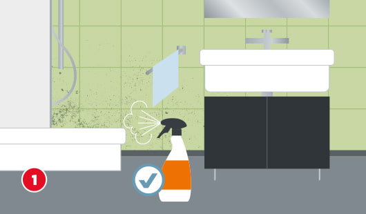 Grafische Darstellung eines Badezimmers mit Schimmel an der Wand und einer Sprühflasche als empfohlene Maßnahme zur Reinigung, links unten ein roter Kreis mit weißem Rand und der Zahl 1 in Weiß, daneben ein weißer Kreis mit blauem Haken und blauem Rand