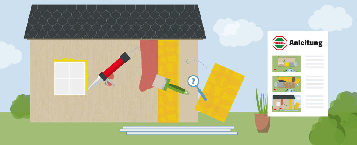 Illustration einer Hauswand, an der Dämmplatten angebracht werden, um ein Fenster herum wird Dämmmaterial mit einer Kartuschenpistole angebracht, in der Mitte ist eine rote Armierungsmatte zu sehen, eine Dämmplatte wird eingesetzt und ein Pinsel trägt Kleber oder Putz auf, rechts im Bild ist eine Anleitung mit hagebau-Logo zu sehen