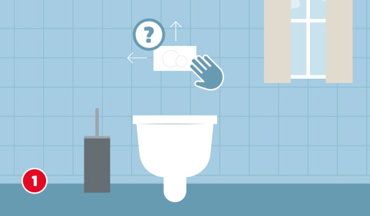 Eine schematische Darstellung zeigt den ersten Schritt zur Entkalkung eines Unterputz-Spülkastens. Eine Hand greift zur Betätigungsplatte über der Toilette, um sie durch seitliches und leichtes Anheben zu entfernen. Ein Fragezeichensymbol verweist auf mögliche Varianten je nach Modell. Unten links ist ein roter Kreis mit einer weißen 1