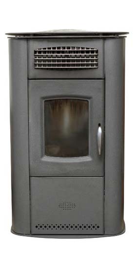 Schwarzer Pelletofen mit Sichtfenster, Belüftungsgitter oben und Aschefach unten. Das Design ist kompakt und funktional, die Oberfläche matt lackiert