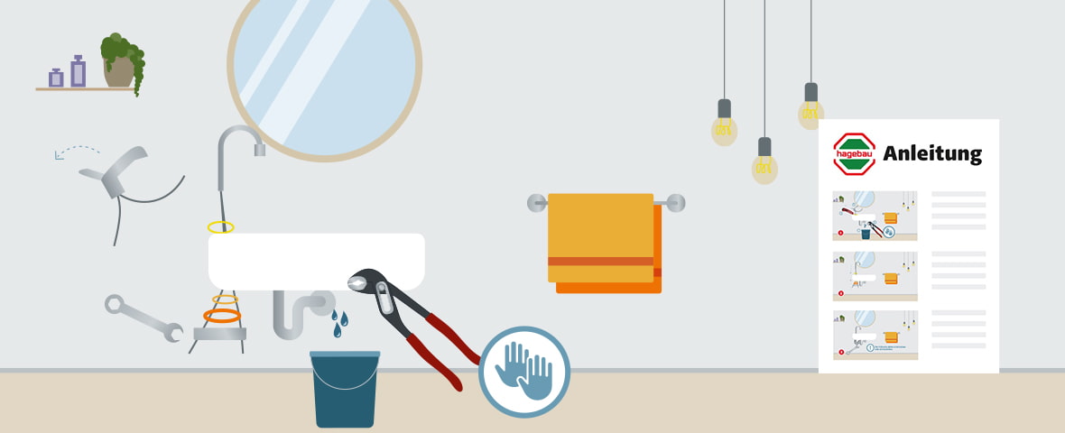 Eine schematische Darstellung zeigt die Vorbereitung zum Austausch eines Wasserhahns. Die alte Armatur wird demontiert, Wasser tropft aus dem Anschluss in einen bereitgestellten Eimer. Eine Wasserpumpenzange löst die Verbindung, ein Schraubenschlüssel liegt bereit. Eine Anleitung mit drei Schritten ist rechts im Bild zu sehen. Das Symbol mit zwei Händen weist auf vorsichtiges Arbeiten hin. Im Hintergrund sind Spiegel, Lampen und Handtuchhalter erkennbar