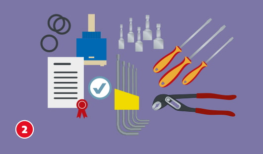 Eine schematische Darstellung zeigt verschiedene Werkzeuge und Ersatzteile für die Reparatur eines Wasserhahns, darunter eine Kartusche, Dichtungsringe, Schraubendreher, Maulschlüssel, Inbusschlüssel und eine Wasserpumpenzange. Eine Anleitung mit Prüfsiegel und ein Häkchensymbol weisen auf geprüfte Ersatzteile hin. Unten links ist ein roter Kreis mit einer weißen 2