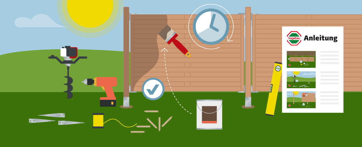 Illustration einer Schritt-für-Schritt-Anleitung zum Gartenzaun aufstellen, im Vordergrund sind Werkzeuge wie Erdbohrer, Akkuschrauber, Wasserwaage, Holzpfosten, Schrauben, Pfostenträger und Farbeimer, im Hintergrund wird ein Zaunelement montiert und gestrichen, daneben ein großes Anleitungsblatt mit dem hagebau-Logo und drei Schritten als Vorschaubildern