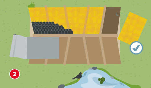 Illustration zur Isolierung vom Dach eines Gartenhauses, am Dach werden gelbes Dämmaterial und eine Dämmschutzfolie angebracht