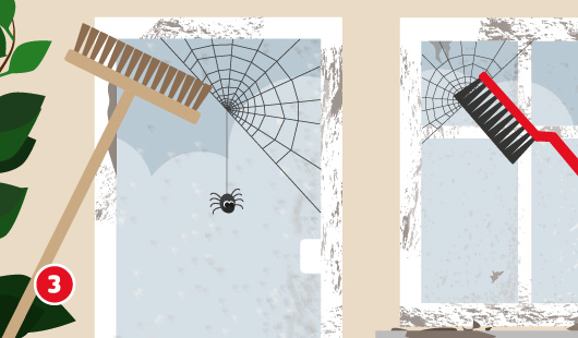 Eine schematische Darstellung zeigt das Entfernen groben Schmutzes von stark verschmutzten Fenstern. Ein Besen entfernt Spinnweben und Staub von einem Fenster, während auf der anderen Seite ein Handfeger mit Kehrblech zum Einsatz kommt. Die Fensterscheiben sind stark verschmutzt und von Spinnennetzen überzogen. Unten links ist ein roter Kreis mit einer weißen 3
