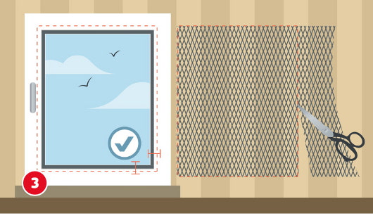 Eine schematische Darstellung zeigt das Zuschneiden eines Fliegengitters für ein Fenster mit bereits befestigtem Klettband. Das Gitter wird auf die passende Breite und Höhe zurechtgeschnitten, wobei an allen Seiten einige Millimeter Überstand berücksichtigt werden. Eine Schere schneidet das Netzmaterial entlang einer roten Linie. Ein Häkchensymbol bestätigt die richtige Größe. Unten links ist ein roter Kreis mit einer weißen 3