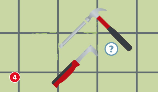 Gezeigt wird eine grafische Darstellung zur Fugenbearbeitung nach dem Ausfräsen. Unten links befindet sich ein roter Kreis mit weißem Rand und der weißen Zahl 4. Ein Hammer mit Stemmeisen liegt schräg über dem Fugenbild. Direkt darunter ist ein spezieller Fugenschaber zu sehen, daneben ein weißer Kreis mit blauem Rand und einem blauen Fragezeichen