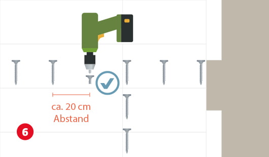 Eine schematische Darstellung zeigt das Verschrauben von Trockenestrichelementen. Mit einem Akkuschrauber werden Schrauben im Abstand von etwa 20 cm in die Platten gesetzt. Eine Markierung mit Häkchen kennzeichnet die korrekte Ausführung. Unten links ist ein roter Kreis mit einer weißen 6
