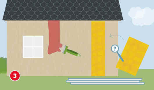 Illustration eines Gartenhauses, an dessen Hauswand Dämmaterial angebracht wird, die Wand wird mit einem Pinsel gestrichen