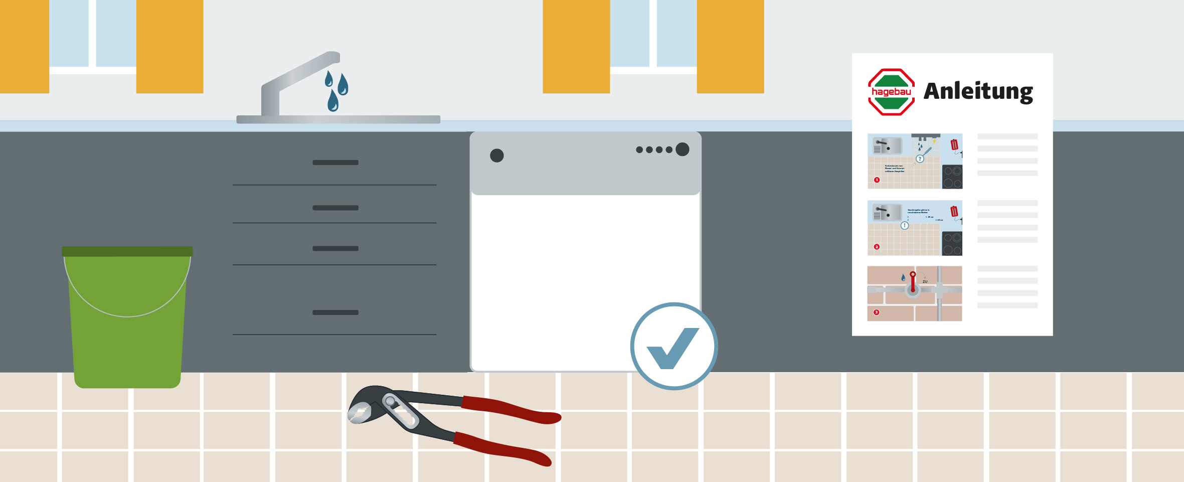 Eine schematische Darstellung zeigt die Vorbereitungen zum Anschließen eines Geschirrspülers in einer Küche. Vor dem Unterschrank stehen ein grüner Eimer und eine Wasserpumpenzange auf gefliestem Boden, aus dem Wasserhahn tropfen Wassertropfen, daneben liegt eine Anleitung mit bebilderten Schritten und ein Häkchensymbol markiert die korrekte Vorbereitung