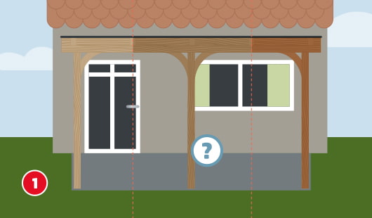 Eine schematische Darstellung zeigt eine Terrassenüberdachung aus Holz mit drei senkrechten Pfosten und zwei geschwungenen Kopfbändern. Über den Pfosten verläuft ein waagerechter Tragbalken. Rote Hilfslinien markieren die genaue Ausrichtung der Bauteile. In der Mitte deutet ein Fragezeichen auf die Auswahl des passenden Holzes hin. Unten links ist ein roter Kreis mit einer weißen 1
