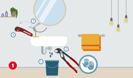 Eine schematische Darstellung zeigt die Vorbereitung zum Austausch eines Wasserhahns. Die alte Armatur wird demontiert, Wasser tropft aus dem Anschluss in einen bereitgestellten Eimer. Eine Wasserpumpenzange löst die Verbindung, ein Schraubenschlüssel liegt bereit. Das Symbol mit zwei Händen weist auf vorsichtiges Arbeiten hin. Im Hintergrund sind Spiegel, Lampen und Handtuchhalter erkennbar. Unten links ist ein roter Kreis mit einer weißen 1
