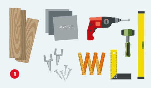 Illustration zum ersten Schritt beim Bau eines Gartenpavillons. Gezeigt wird eine Auswahl benötigter Materialien und Werkzeuge: Holzbretter, quadratische Betonplatten (50 × 50 cm), Metallpfostenträger, Schrauben, Bohrmaschine, Hammer, Maßband, Winkel, Wasserwaage und Schraubspindeln