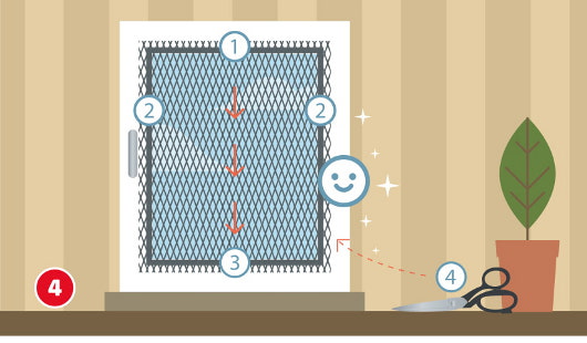 Eine schematische Darstellung zeigt das Befestigen eines zugeschnittenen Fliegengitters auf dem mit Klettband vorbereiteten Fensterrahmen. Das Gitter wird von oben nach unten in drei Etappen angedrückt. Zwei Markierungen an den Seiten sorgen für Spannung und Passform. Ein Smiley und Glanzsymbole markieren das saubere Ergebnis. Unten rechts liegt eine Schere für den Feinzuschnitt. Unten links ist ein roter Kreis mit einer weißen 4