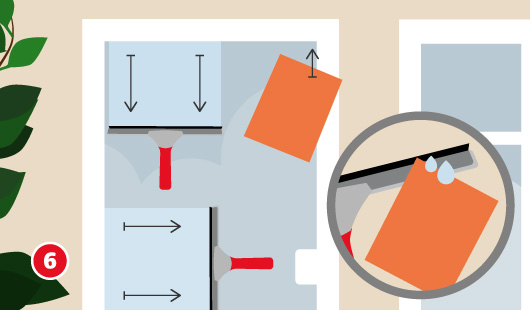 Eine schematische Darstellung zeigt das Trocknen eines Fensters mit einem Abzieher. Der Abzieher wird in geraden Bahnen von oben nach unten oder seitlich über die Glasfläche geführt. Ein orangefarbenes Tuch wird zum Abwischen der Gummilippe verwendet, das ist in einem Vergrößerungskreis dargestellt. Unten links ist ein roter Kreis mit einer weißen 6