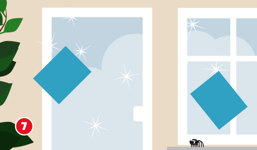 Eine schematische Darstellung zeigt das Entfernen letzter Schlieren von zwei frisch geputzten Fensterscheiben mit einem blauen Tuch. Die Glasflächen glänzen sichtbar und sind frei von Rückständen. Unten links ist ein roter Kreis mit einer weißen 7