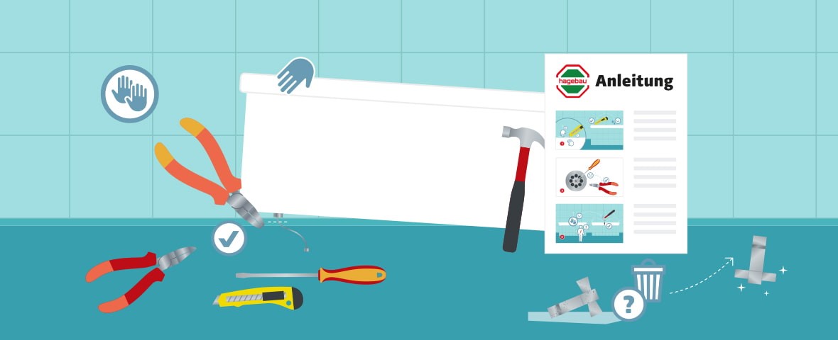 Eine schematische Darstellung zeigt die Vorbereitung für den Ausbau einer Badewanne. Mit Zange, Seitenschneider und Cuttermesser wird eine Halterung gelöst. Ein Hammer und Schraubendreher liegen bereit, eine Anleitung mit drei Schritten ist sichtbar. Alte Befestigungsteile werden im Mülleimer entsorgt. Handsymbole und Häkchensymbole markieren den sicheren Arbeitsbereich und erfolgreiche Demontage