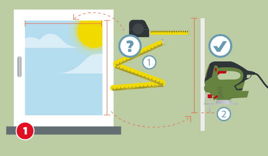 Eine schematische Darstellung zeigt das Zuschneiden der Profile für ein Fliegengitter mit Rahmen. Die Maße des Fensterrahmens werden mit Zollstock und Maßband ermittelt, anschließend werden die Profile mit einer Stichsäge auf die passende Länge gekürzt. Ein Häkchensymbol markiert den korrekten Zuschnitt. Unten links ist ein roter Kreis mit einer weißen 1