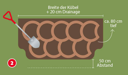 Eine schematische Darstellung zeigt das Ausheben eines Grabens mit Maßangaben. Eine Schaufel ist abgebildet, daneben stehen die Hinweise „Breite der Kübel + 20 cm Drainage“, „ca. 80 cm tief“ und „50 cm Abstand“. Unten links ist ein roter Kreis mit einer weißen 2