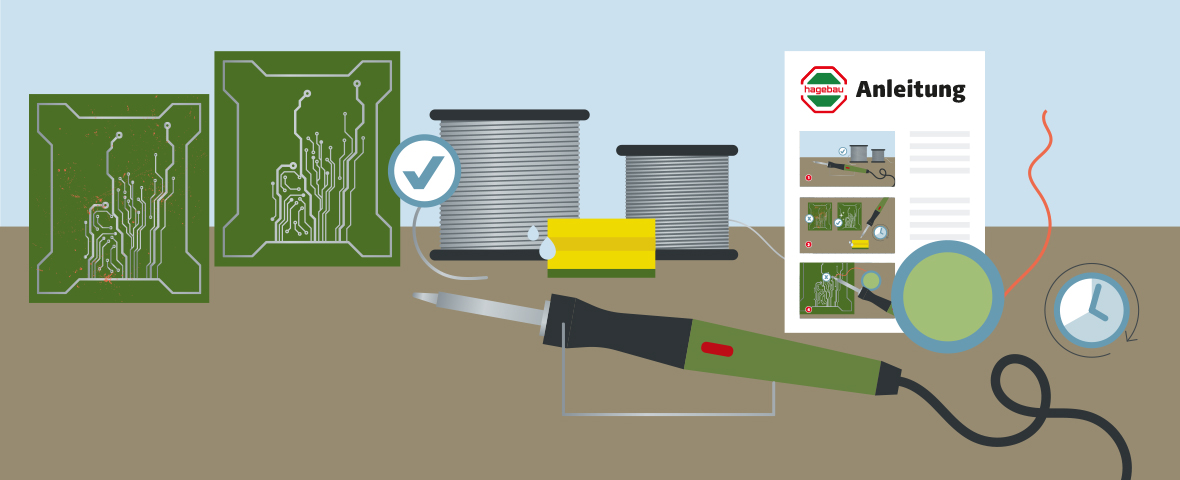 Eine schematische Darstellung zeigt die Vorbereitung eines Lötarbeitsplatzes. In der Bildmitte liegt ein Lötkolben mit schwarzem Griff und angeschlossenem Stromkabel. Dahinter stehen zwei Rollen mit Lötzinn, ein gelber Schwamm sowie zwei Leiterplatten, von denen eine sichtbar gereinigt ist. Ein Häkchensymbol markiert das saubere Bauteil. Rechts liegt eine gedruckte Anleitung mit drei bebilderten Schritten, daneben eine Uhrensymbol