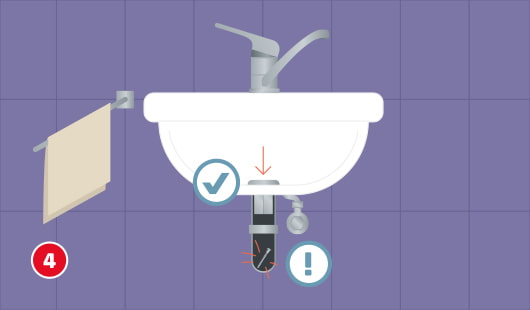 Eine schematische Darstellung zeigt ein Waschbecken mit markiertem Siphon, der vor Beginn der Reparaturarbeiten verschlossen werden soll. Ein Pfeil deutet auf den Abfluss, ein Häkchensymbol auf die richtige Position und ein Ausrufezeichen auf mögliche Undichtigkeiten. Unten links ist ein roter Kreis mit einer weißen 4