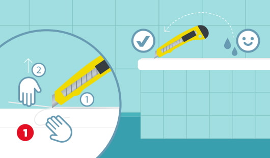 Eine schematische Darstellung zeigt das Lösen der Silikonfuge an der Badewanne. Mit einem Cuttermesser wird die Fuge vorsichtig aufgeschnitten (Schritt 1), anschließend wird der gelöste Silikonstreifen per Hand abgezogen (Schritt 2). Ein Häkchensymbol und ein Smiley zeigen das erfolgreiche Entfernen der Dichtung. Unten links ist ein roter Kreis mit einer weißen 1