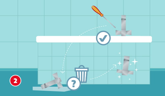 Eine schematische Darstellung zeigt das Entfernen der Armaturen von einer Badewanne. Mit einem Schraubendreher werden die Befestigungen gelöst, anschließend werden die Armaturteile entsorgt. Ein Häkchensymbol zeigt die fachgerechte Demontage, ein Fragezeichensymbol und ein Mülleimer symbolisieren die Entsorgung alter Teile. Glanzeffekte deuten eine saubere Arbeitsweise an. Unten links ist ein roter Kreis mit einer weißen 2