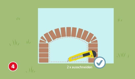 Eine schematische Darstellung zeigt die Herstellung einer Stützschablone für einen Segmentbogen. Auf einer rechteckigen Platte ist ein bogenförmiger Umriss eingezeichnet, entlang dessen mit einem Cuttermesser geschnitten wird. Ein Hinweistext „2 x ausschneiden“ zeigt an, dass zwei identische Teile benötigt werden. Unten links ist ein roter Kreis mit einer weißen 4