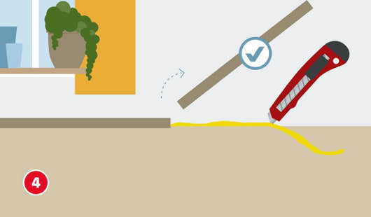 Eine schematische Darstellung zeigt das Entfernen von Wandabschlussleisten zur Vorbereitung des Austauschs einer Küchenarbeitsplatte. Eine Leiste wird mit einem Cuttermesser von der Wand gelöst, ein gelber Klebestreifen wird abgetrennt. Ein Häkchensymbol markiert die korrekte Ausführung. Unten links ist ein roter Kreis mit einer weißen 4