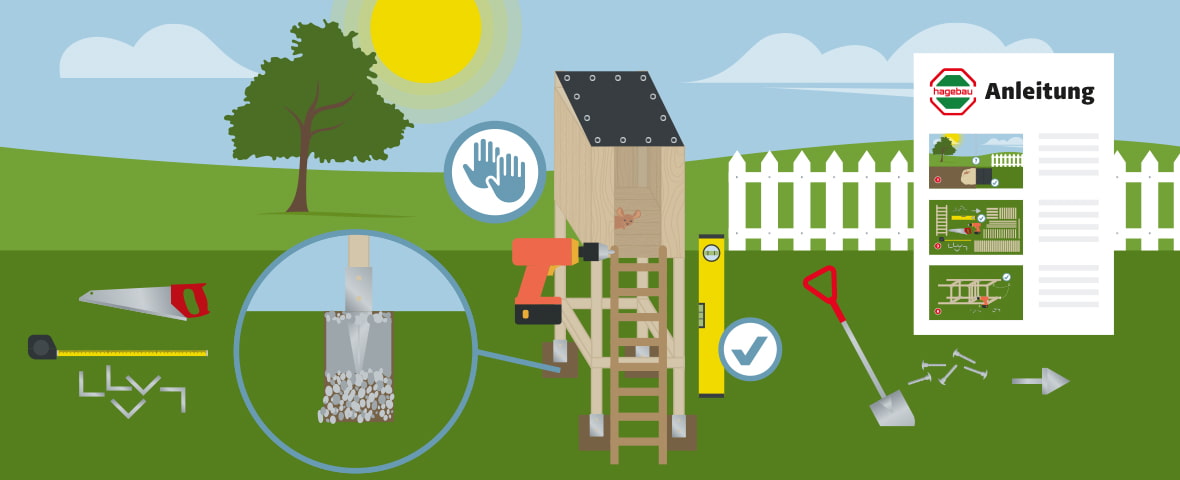 Eine schematische Darstellung zeigt den Beginn des Baus eines Spielturms. Im Vordergrund liegen Werkzeuge und Materialien wie Säge, Maßband, Winkel, Schrauben, Bohrmaschine, Wasserwaage, Schaufel und Kies. Im Hintergrund steht ein teilweise aufgebauter Holzturm mit Leiter. Rechts daneben liegt eine Anleitung mit bebilderten Bauschritten