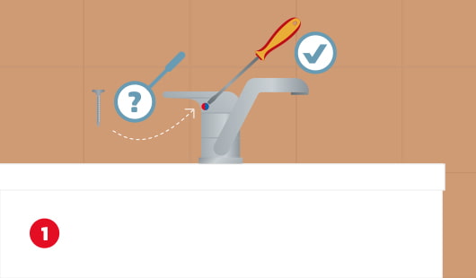 Eine schematische Darstellung zeigt einen Wasserhahn, bei dem der Mischhebel mit einem Schraubendreher gelöst wird. Ein Fragezeichensymbol deutet auf die Schraube im Inneren hin, während ein Häkchensymbol den richtigen Einsatz des Werkzeugs kennzeichnet. Unten links ist ein roter Kreis mit einer weißen 1