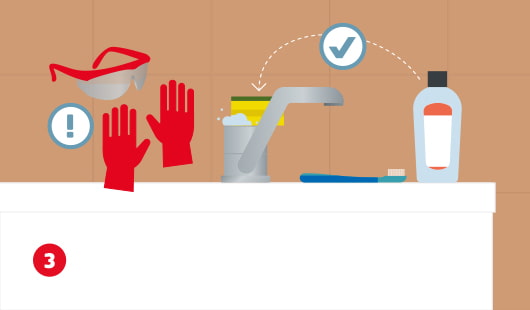 Eine schematische Darstellung zeigt einen geöffneten Wasserhahn, der mit einem gelben Schwamm gesäubert wird. Daneben stehen Reinigungsmittel und eine Zahnbürste. Eine Schutzbrille, Handschuhe und ein Ausrufezeichensymbol weisen auf das Tragen von Schutzausrüstung hin. Unten links ist ein roter Kreis mit einer weißen 3
