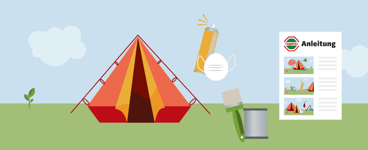 Eine schematische Darstellung zeigt ein aufgebautes Zelt auf einer Wiese mit Zubehör zur Imprägnierung. Dargestellt sind Sprühdose, Atemschutzmaske, Pinsel, Imprägniermittel und eine bebilderte Anleitung. Im Hintergrund Himmel mit Wolken, im Vordergrund ein Zelt in Rot-Orange-Tönen