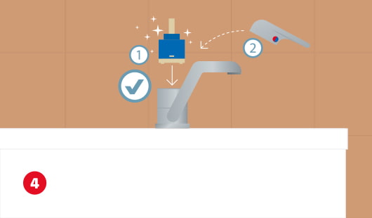Eine schematische Darstellung zeigt den Einbau einer neuen Kartusche in einen gereinigten Wasserhahn. Im Anschluss wird der Mischhebel wieder aufgesetzt. Zwei nummerierte Symbole kennzeichnen die Reihenfolge der Montage. Unten links ist ein roter Kreis mit einer weißen 4