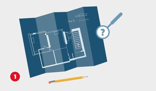 Eine schematische Darstellung zeigt einen Bauplan mit eingezeichnetem Grundriss. Eine Lupe mit Fragezeichen und ein Bleistift liegen daneben und symbolisieren die Prüfung der Statik vor einem Wanddurchbruch. Unten links ist ein roter Kreis mit einer weißen 1