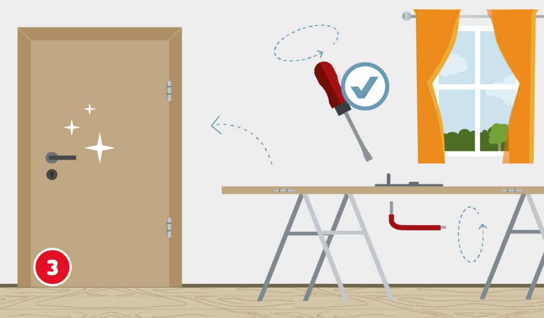 Illustration eines Türblattes, das auf einer Werkbank liegt, auf der Tür liegt ein Türbeschlag, darüber ist ein Schraubenzieher abgebildet, an der Unterseite der Tür isst ein Inbusschlüssel zu sehen, im Hintergrund ein Türrahmen mit eingesetzter Tür mit neuem Türbeschlag.