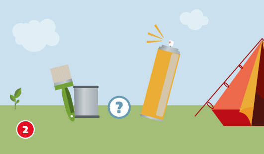 Eine schematische Darstellung zeigt verschiedene Mittel zur Imprägnierung eines Zeltes: einen Pinsel mit Dose sowie eine Sprühdose mit austretendem Sprühnebel. In der Mitte weist ein Fragezeichensymbol auf die Wahl der richtigen Methode hin. Unten links ist ein roter Kreis mit einer weißen 2