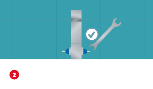 Eine schematische Darstellung zeigt einen demontierten Wasserhahn mit freigelegten Ventilen. Mit einem Maulschlüssel wird das Ventil zur weiteren Demontage gelöst. Ein Häkchensymbol kennzeichnet den richtigen Arbeitsschritt. Unten links ist ein roter Kreis mit einer weißen 2
