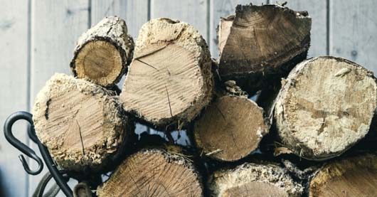 Grobe, unbehandelte Holzscheite in einem schwarzen Metallkorb vor einer hellen Holzverkleidung. Die Rinde ist größtenteils noch vorhanden, die Scheite sind unterschiedlich dick und frisch gespalten