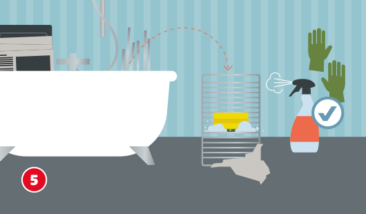 Eine schematische Darstellung zeigt die Nachbehandlung von Backblechen, Rost und Seitenteilen nach dem Einweichen. Die gereinigten Teile stehen auf einem Tuch neben der Badewanne und werden mit einem Schwamm und Reinigungsmittel gesäubert. Eine Sprühflasche und grüne Gummihandschuhe sind als empfohlene Hilfsmittel mit Häkchensymbol gekennzeichnet. Unten links ist ein roter Kreis mit einer weißen 5