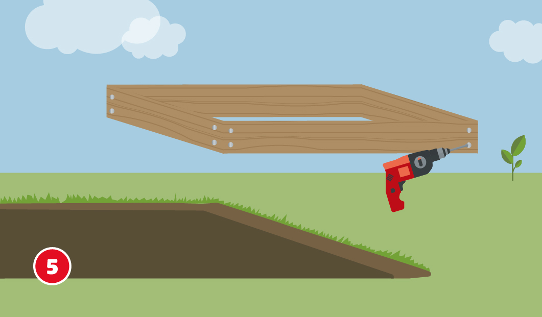 Illustration zum fünften Schritt beim Bau eines Gartenhausfundaments. Über einer vorbereiteten Grube wird eine Schalung aus Holzbrettern mit einer Bohrmaschine zusammengeschraubt. Die Bretter sind als rechteckiger Rahmen vormontiert, Schraubenpunkte sind sichtbar markiert.