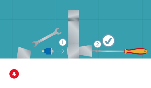 Eine schematische Darstellung zeigt den Wiedereinbau eines Ventils in einen Wasserhahn mithilfe eines Maulschlüssels. Im Anschluss wird der Drehgriff mit einem Schraubendreher befestigt. Zwei nummerierte Symbole markieren die Montageschritte. Unten links ist ein roter Kreis mit einer weißen 4