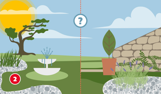 Illustration mit dem Titel „Schritt 2“ einer Hagebau-Anleitung zum Anlegen eines Kiesbeets. Links wird ein asiatisch inspirierter Stil gezeigt – mit Bonsai, Gräsern, heller Kiesfläche und einem modernen Wasserspiel. Rechts ist eine mediterrane Variante dargestellt – mit Natursteinmauer, Kräutern wie Lavendel und Terrakottatopf