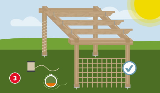 Illustration Schritt 3: Pergola wird vorbereitet – Holzpfosten umwickelt mit Kokosseil oder Gartenschnur, an der Vorderseite ist ein Rankgitter angebracht; daneben Rankhilfe-Material und ein Fläschchen Holzschutzmitte