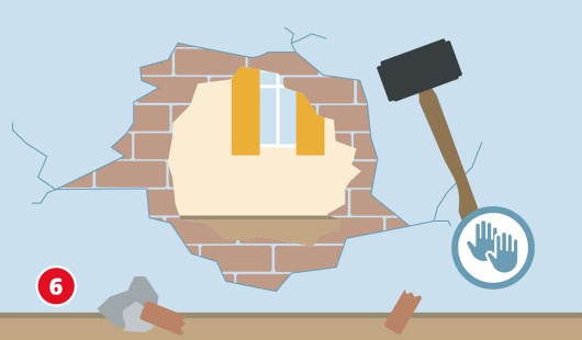 Eine schematische Darstellung zeigt den eigentlichen Wanddurchbruch mit einem Vorschlaghammer. In der Mauer ist bereits eine große Öffnung sichtbar, durch die ein Fenster des dahinterliegenden Raums zu erkennen ist. Herabgefallene Mauerstücke liegen auf dem Boden. Ein Symbol mit zwei Händen weist auf sicheres Arbeiten hin. Unten links ist ein roter Kreis mit einer weißen 6