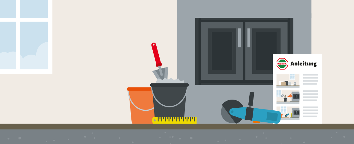 Illustration einer Hagebau-Anleitung zur Verkleidung eines bestehenden Kaminofens. Der Ofen ist bereits von einer grauen Speichermasse oder Wärmespeichersteinen umgeben. Davor stehen ein Eimer mit Kelle, ein Maßband, ein zweiter Farbeimer und eine Trennscheibe (Flex). Rechts liegt eine bebilderte Anleitung mit drei Schritten.