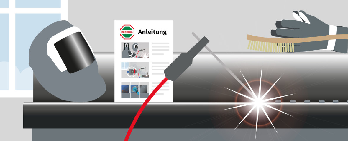 Eine schematische Darstellung zeigt die Vorbereitung einer Schweißarbeit an einem Metallrohr. Links liegt ein Schweißhelm vor einem Fenster, rechts werden mit einer Drahtbürste Schweißnähte gereinigt. In der Mitte wird mit einem Elektrodenhalter ein Lichtbogen gezündet. Im Hintergrund steht eine gedruckte Anleitung mit bebilderten Schritten. Ein Funkenkreis markiert die aktive Schweißstelle