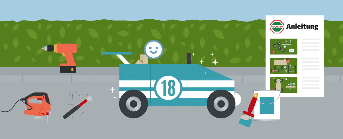 Illustration einer Hagebau-Anleitung zum Bau einer Seifenkiste. In der Mitte steht eine fertige Seifenkiste mit der Nummer 18, bemalt in Blau-Weiß mit einem Lenkrad und einem lachenden Fahrer-Icon. Um das Fahrzeug herum liegen Werkzeuge: Akkuschrauber, Stichsäge, Hammer, Nägel, Pinsel und Farbeimer. Ein Anleitungsblatt mit drei bebilderten Schritten ist rechts zu sehen.